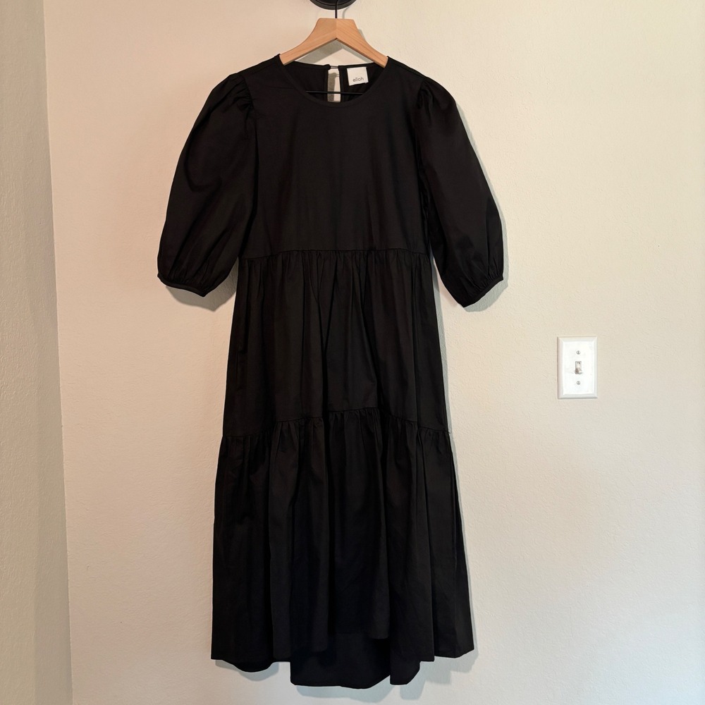 Elloh Midi Dress Size M 100% Cotton Black Puff Sleeve Tiered Minimalist